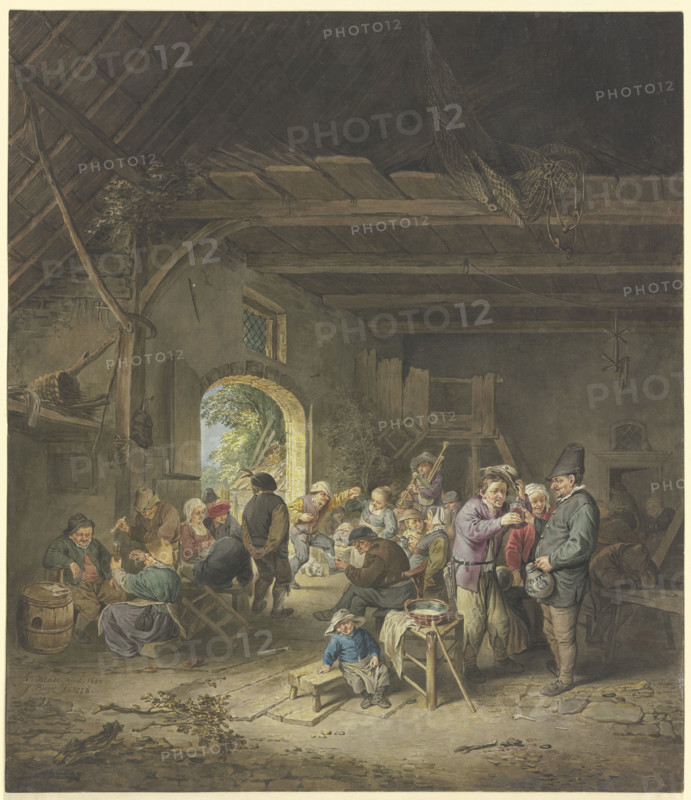 Celebrating farmers in a barn, 1778. Creator: Jacobus Buys.