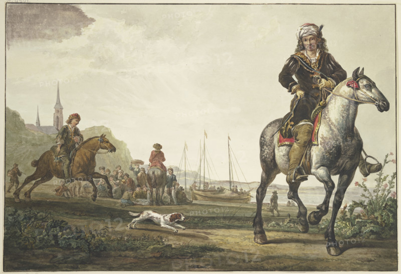 A large crowd sits by the ships on the bank of a river; a richly dressed rider with a turban... Creator: Jacob van Strij.