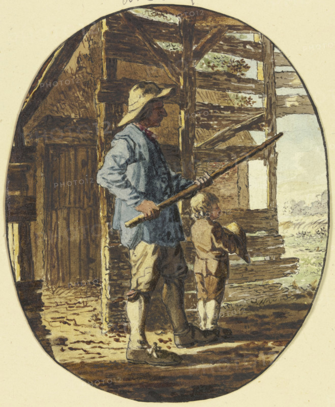 In a wooden enclosure, a man stands with a stick in a defensive posture, a boy in front of him... Creator: Steven Goble.