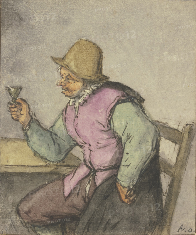 A farmer sitting at a table with a glass, facing left, after 1670. Creator: Adriaen van Ostade.