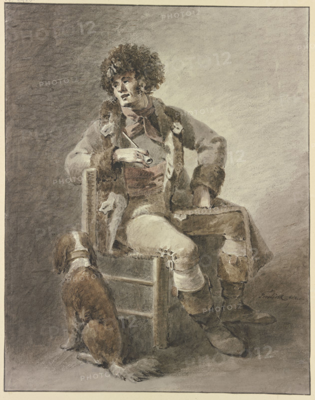 A man sits on a chair with a pipe in his hand, a dog beside him. Creator: Abraham Teerlink.