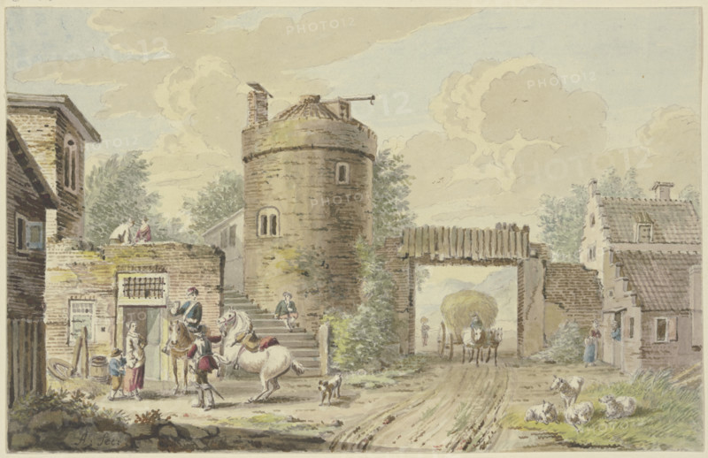 Riders halting at an old tower. Creator: Unknown.
