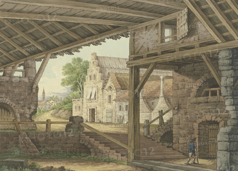 A large shed offers a view of a village. Creator: Philipp Jakob Bauer.