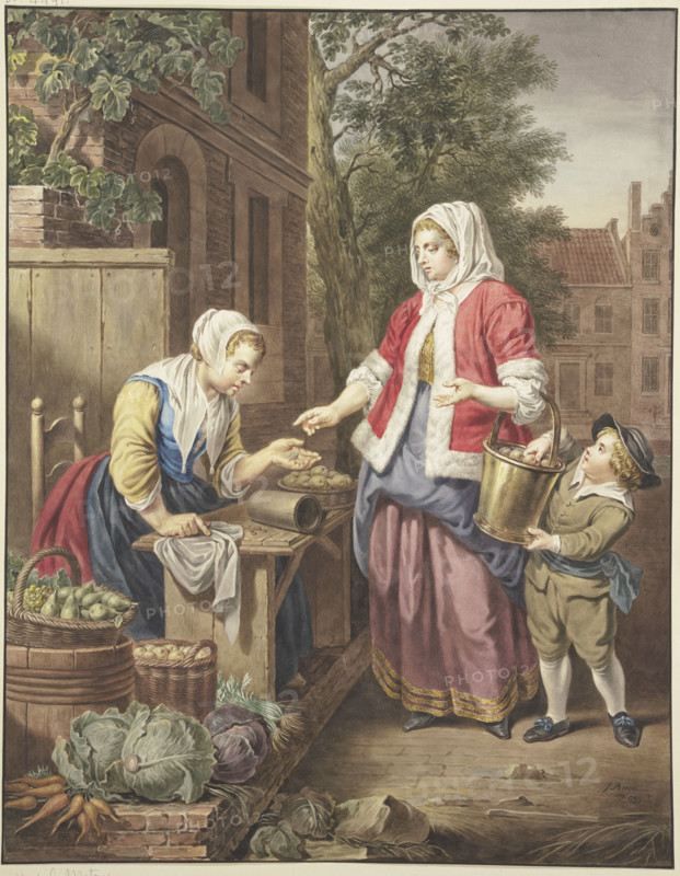 A lady with a boy buys apples, 1799. Creator: Jacobus Buys.