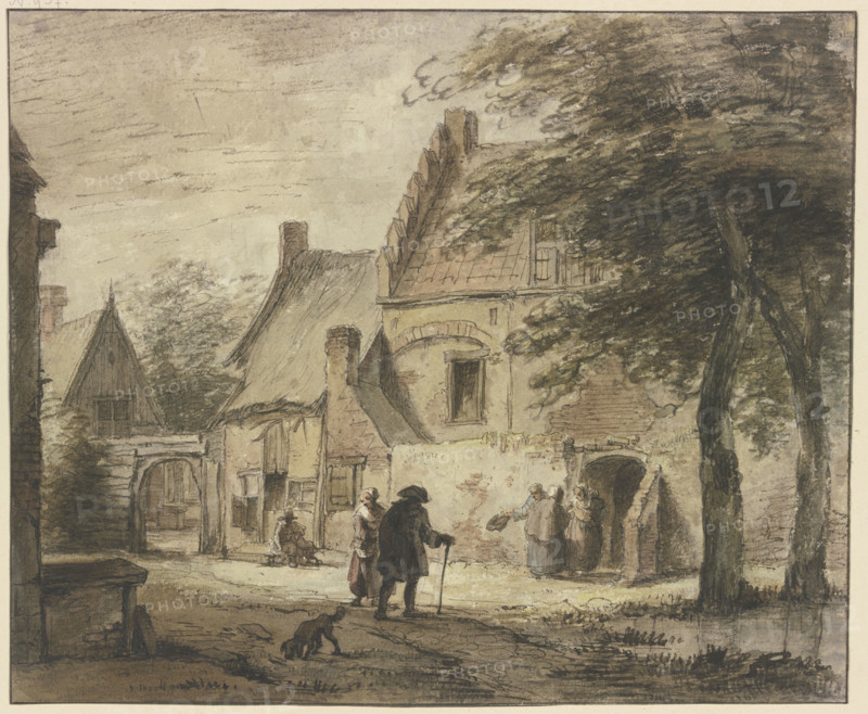 Farmstead with several figures, a dog in the foreground. Creator: Jan Hulswit.