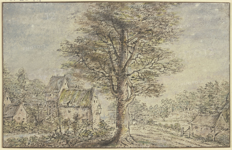 Village view, in the middle a tree. Creator: Lucas van Uden.