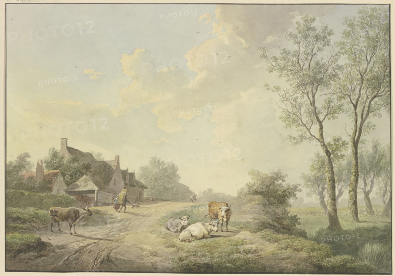Four cows by a path near farmhouses, 1803. Creator: Abraham Teerlink.
