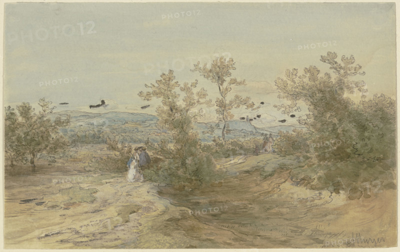 Strollers on a road through a shrub-covered plain, c1850-1905. Creator: Anton Burger.
