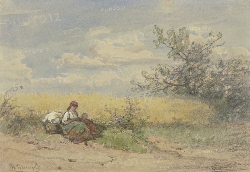 Farmer's wife with child resting in front of a ripe cornfield, c1840-1890s. Creator: Philipp Rumpf.