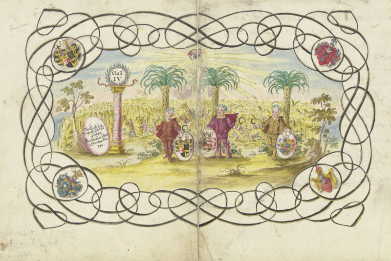 Three boys, holding sickles and coats of arms..., 1733. Creator: Johann Esaias Nilson.