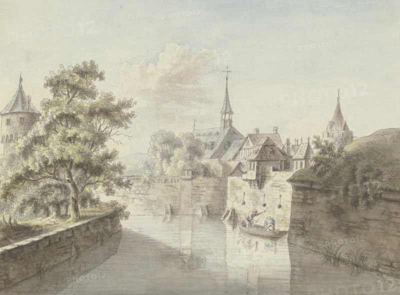 View of the...Frankfurt city moat at Fischerfeld...old Jewish cemetery, mid-late 18th century. Creator: Christian Georg Schutz.