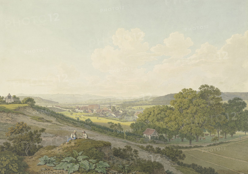View from a hilltop of the village of St. Jakob near Basel with its pointed church steeple, 1803. Creator: Marquand Fidel Dominikus Wocher.
