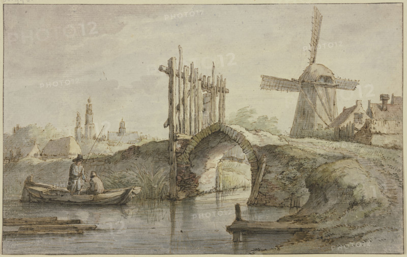 Gated pointed-arch canal bridge, a windmill on the right, two anglers in a boat on the left. Creator: Anthonie van Borssom.