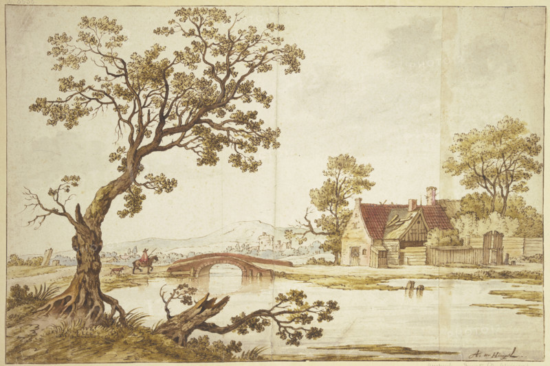 Farm by a stone bridge, over which a rider in a red cloak accompanied by a dog is about to ride. Creator: Aarnout ter Himpel.