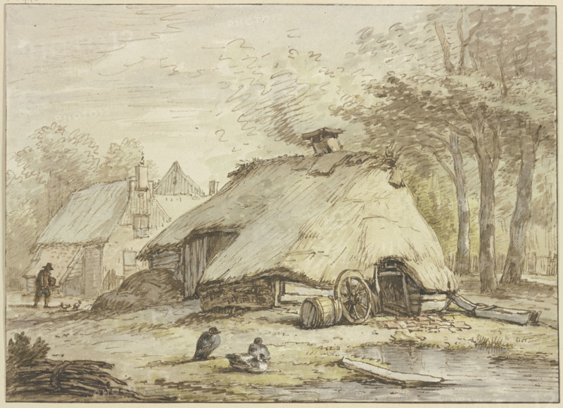 Three huts under trees, three ducks sitting in the foreground. Creator: Anthonie van Borssom.
