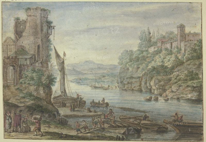 River area, old tower, ships being unloaded. Creator: Herman Saftleven the Younger.