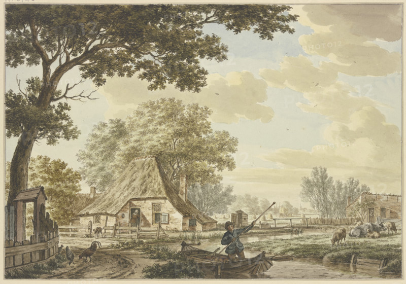 Narrow canal near a village, a man in a boat, cattle on the right, chickens on the left.. Creator: Jacob Cats.