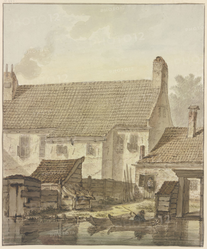 Row of houses by the water, two boats with a fisherman in front. Creator: Johannes H. Knoop.