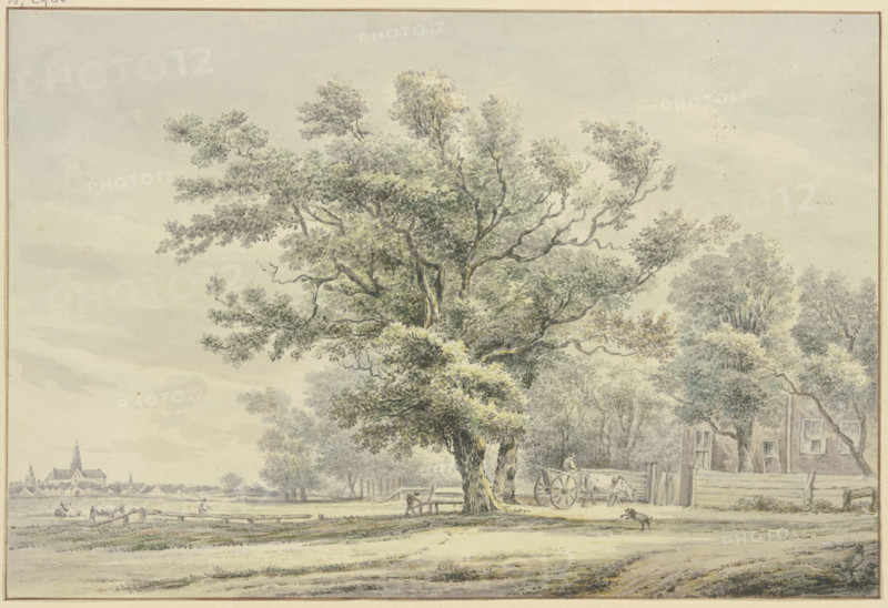 House with a wagon under trees, a meadow with cattle and a village to the left. Creator: Hendrik Spilman.