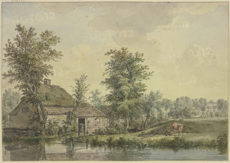 Farmhouse by the water, a cow by a wheelbarrow. Creator: Jacobus van Liender.