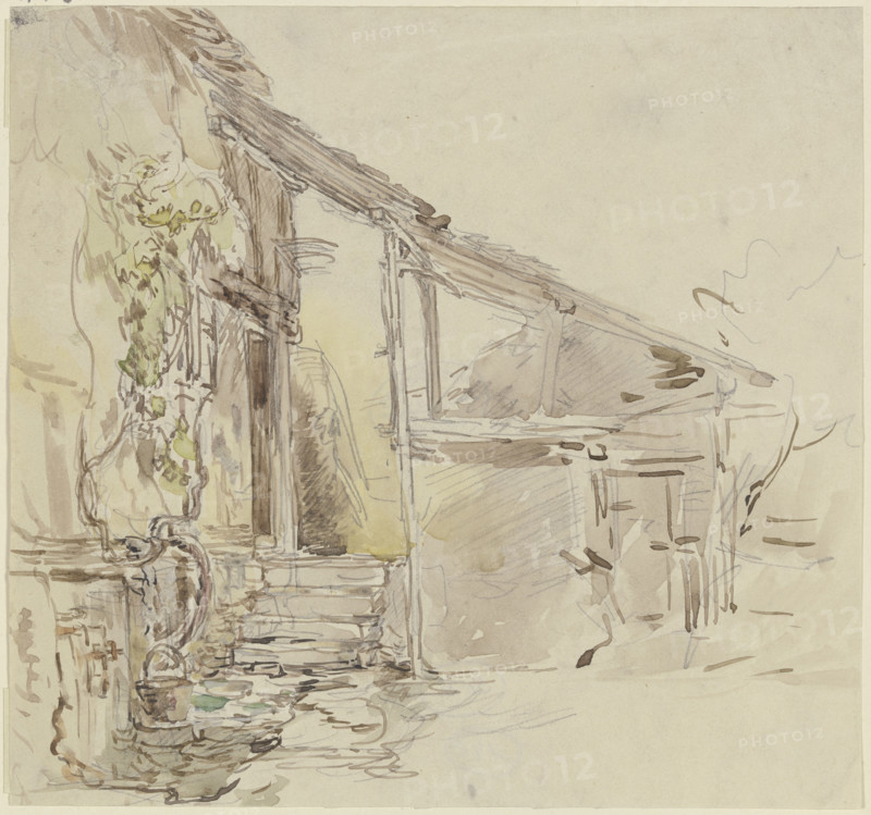 House corner with a grapevine and four steps, c1850-1905. Creator: Anton Burger.