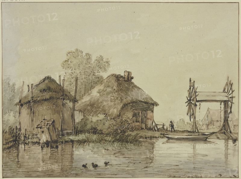 A house with a barn and a lock with two wheels by a canal. Creator: Jan Hulswit.