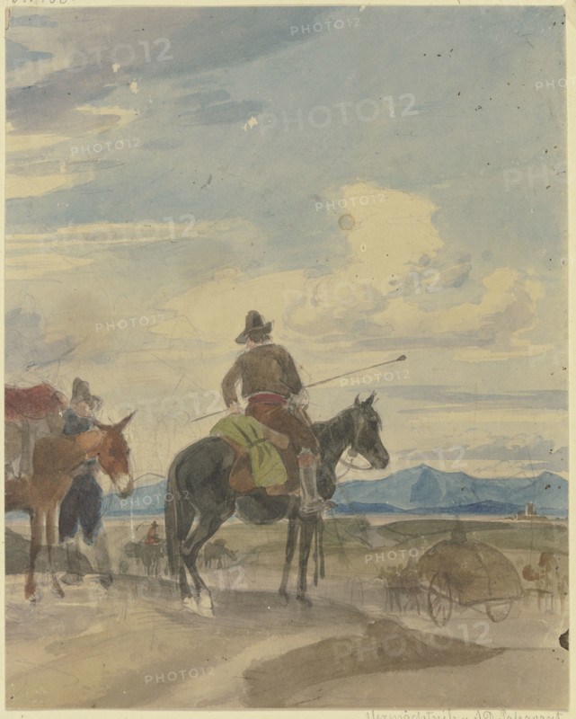 Farmer on horseback and muleteer from the Roman Campagna, mid-19th century. Creator: Johann Adam Klein.