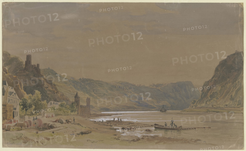 View of Sankt Goarshausen with Maus Castle, the Lorelei Rock in the background, 1853. Creator: Carl Morgenstern.