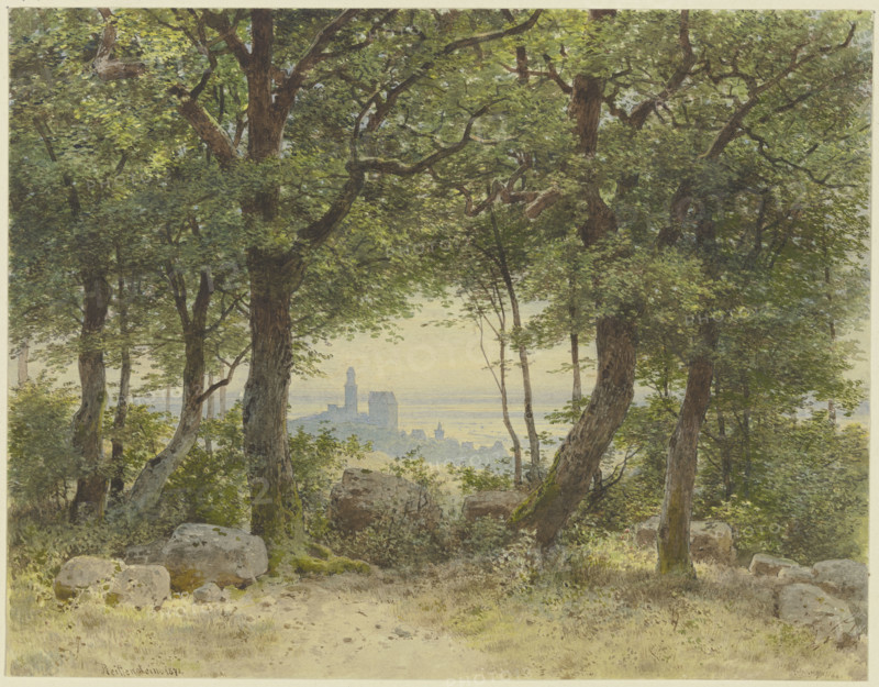 View of Kronberg with a wide view into the distance, seen from the edge of the Falkenstein..., 1871. Creator: Carl Theodor Reiffenstein.