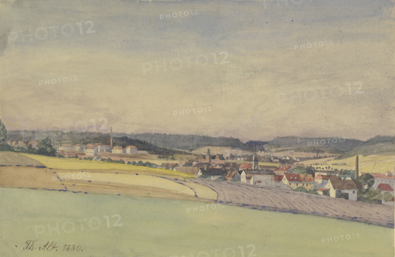 View of an industrial town amidst fields and forest, 1880. Creator: Theodor Alt.