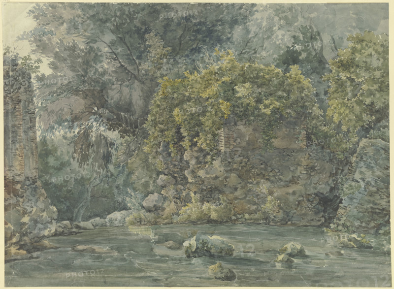 Landscape with trees and a ruined building by a stream, 18th century. Creator: Unknown.