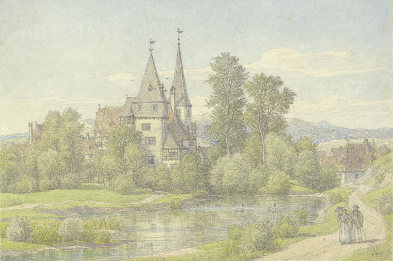 Village by a body of water, surrounded by trees, in the middle a castle-like building and..., 1870. Creator: Peter Becker.