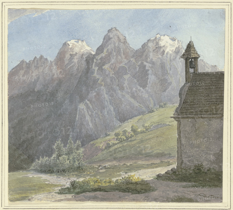 Mountain peak in the Alps, a chapel in the foreground, mid-late 19th century. Creator: Rudolf Maria Bernhard von Stillfried-Alcantara.