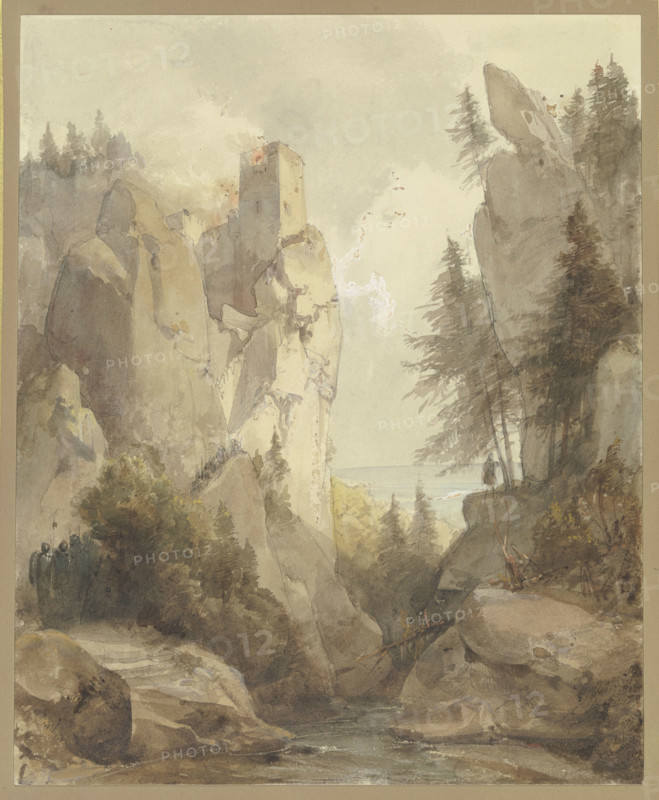 A burning castle on a rock, mid-late 19th century. Creator: Caspar Scheuren.