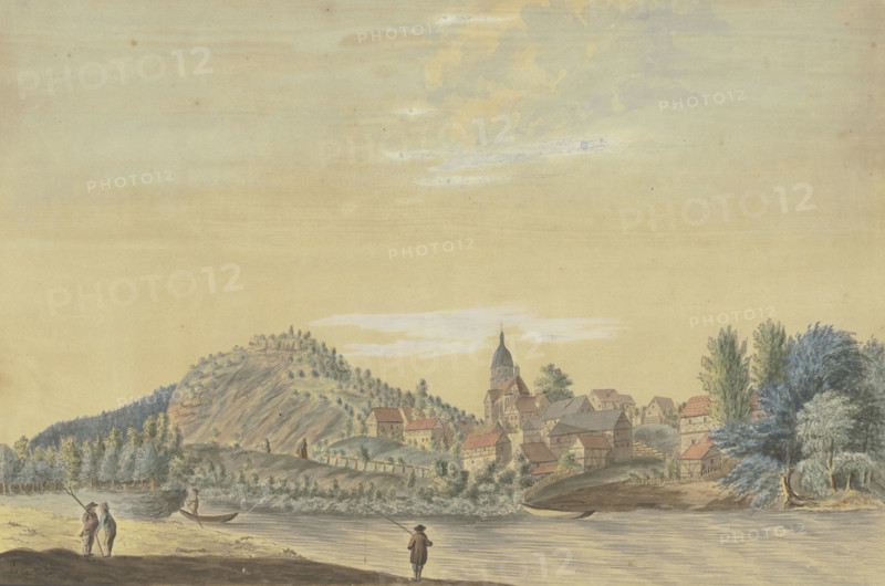 Village with a church by a river..., late 18th century. Creator: Caspar Schneider.
