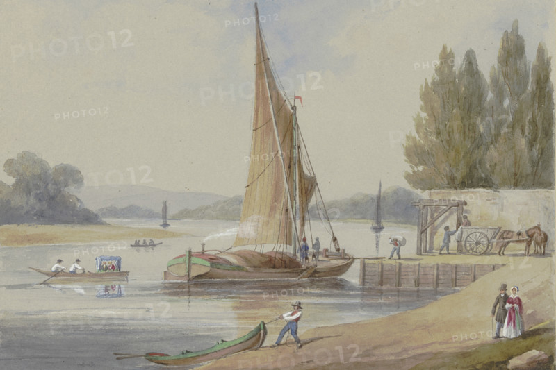 Riverbank with sailing ships, 19th century. Creator: Unknown.
