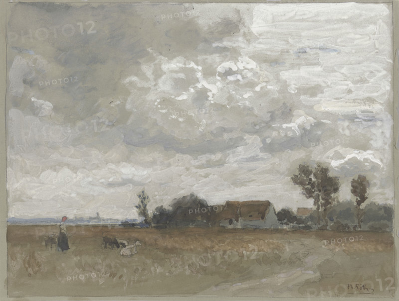 Woman with goats at a farm, late 19th century. Creator: Philipp Röth.