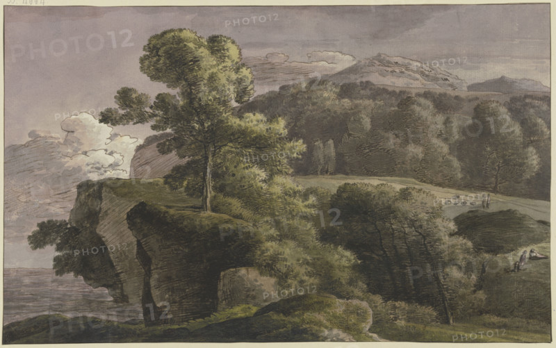 River landscape with trees and figures, late 18th century. Creator: Franz Kobell.