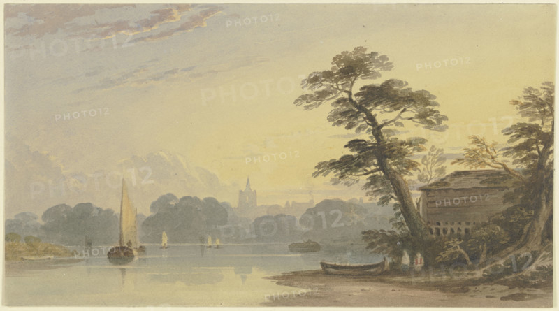 River landscape with a church in the background, 19th century. Creator: Unknown.
