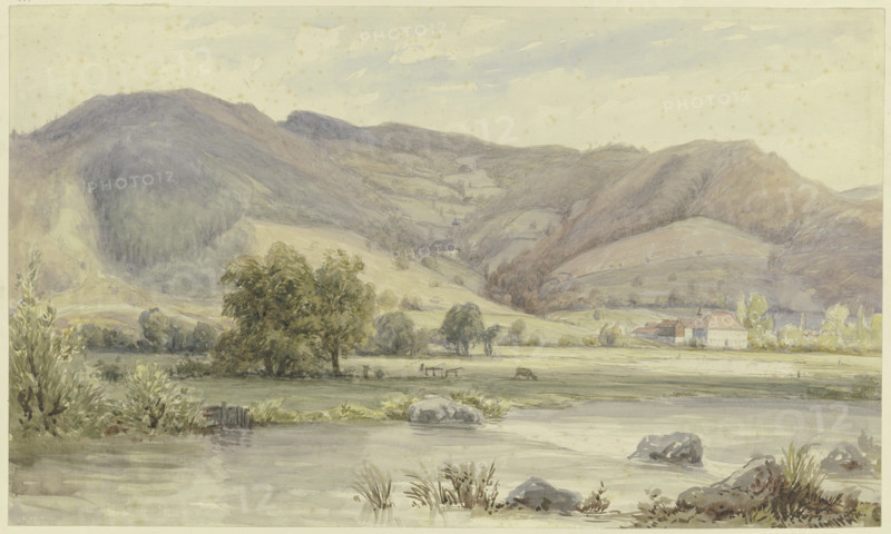 River landscape with high mountains, mid-late 19th century. Creator: Karl Peter Burnitz.