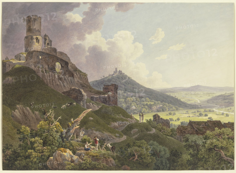 The Ruins of Gleiberg and Vetzberg near Gießen, on the left the two castle ruins on hills..., 1803. Creator: Friedrich Christian Reinermann.