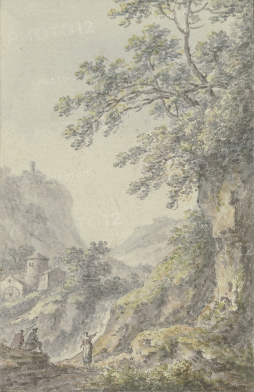 View of a mountain landscape with a castle, in the foreground a sunken lane with three figures, 1767 Creator: Johann Heinrich Muntz.