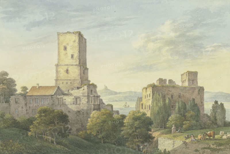 The Upper Castle (Boosenburg) and the Lower Castle (Bromserburg) near Rüdesheim am Rhein, 1803. Creator: Georg Melchior Kraus.