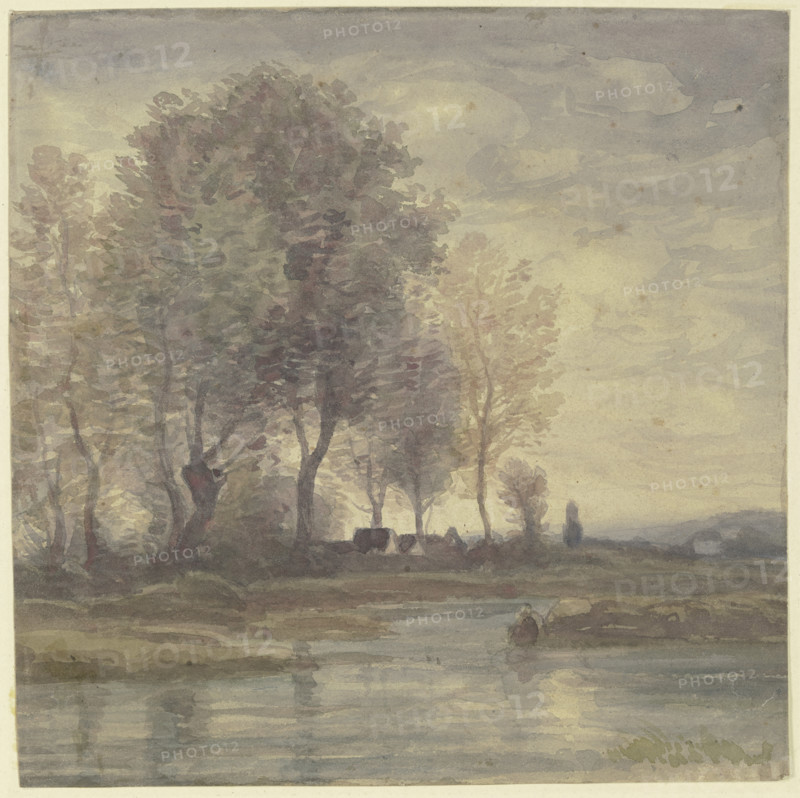 Boundary with farmhouses under tall trees, mid-late 19th century. Creator: Karl Peter Burnitz.