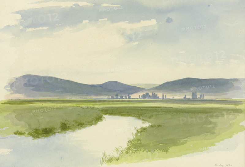 River landscape, mountains in the background, 1860. Creator: Carl Theodor Reiffenstein.