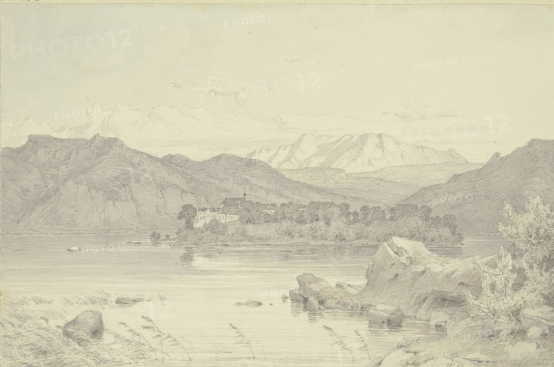 Herreninsel Island with its monastery in Lake Chiemsee, 1842. Creator: Heinrich Funk.