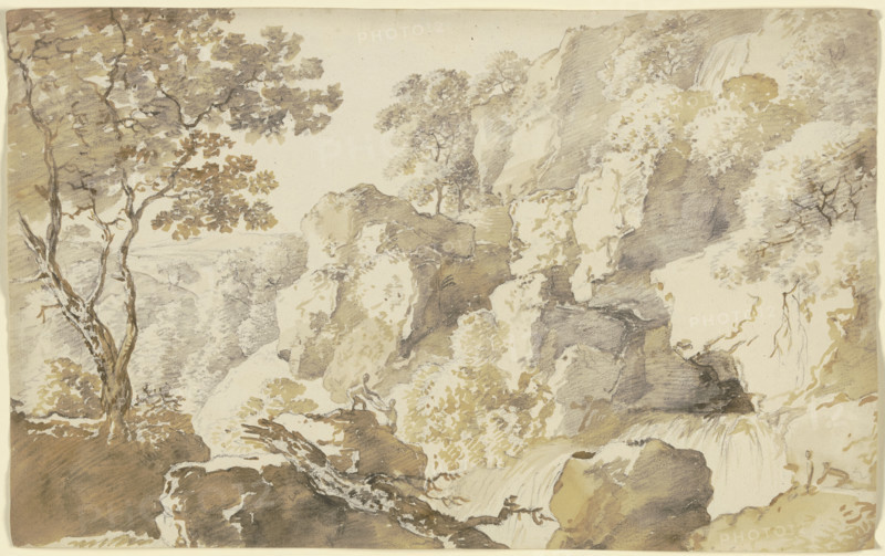 Rocky landscape with trees, a waterfall, and two hikers..., late 18th century. Creator: Franz Kobell.
