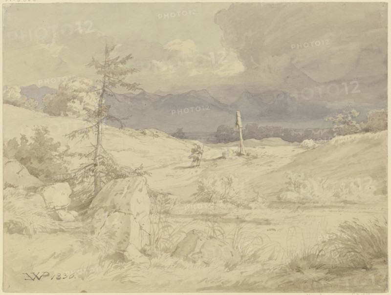 Approaching storm over a landscape with a wayside cross, 1836. Creator: Eduard Wilhelm Pose.