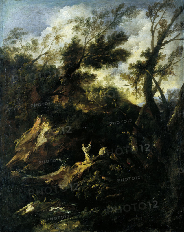 Landscape with Two Praying Monks, 1695-1697. Creator: Antonio Francesco Peruzzini.