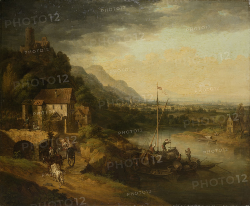 River Landscape with Barge, 18th century. Creator: Circle of Christian Georg Schutz the Elder.